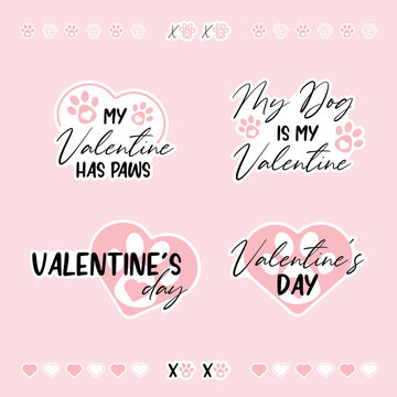 Set of Dog Valentine stickers with white offset. Xoxo with paws and hearts svg for sublimation on mug or tumbler. Vector puppy love designs