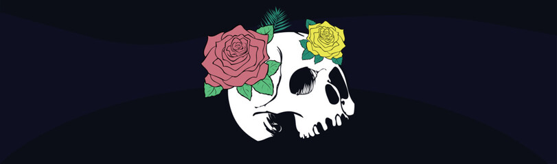 Hand drawn Skull with roses. Trendy isolated colorful Vector illustration. Cartoon, vintage style. Poster, tattoo idea, t-shirt print, sticker, logo design template