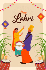 Happy Lohri calligraphy with Punjabi couple dancing and Indian festival background vector for banner design, social media post, and invitation card design.