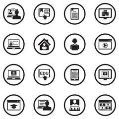 E-learning Icons. Black Flat Design In Circle. Vector Illustration.