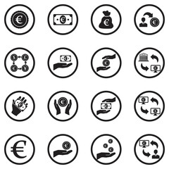 Euro Icons. Black Flat Design In Circle. Vector Illustration.