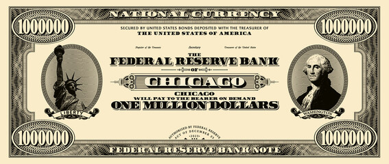 Vector obverse of one million US dollars paper banknote. Bill of denomination 1000000. Fiat money with ovals, Liberty and Washington. Chicago finance fictional certificate. - obrazy, fototapety, plakaty