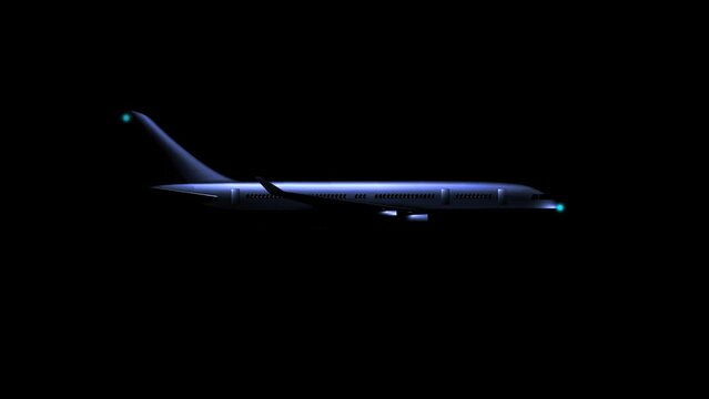 Airplane fly at night with flashing night Light  in black background. Plane Silhouette at dark night flying. Isolated Tourism Aeroplane. Alpha Channel. 4K Video 