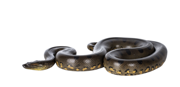 Young Green Anaconda aka Eunectus murinus snake. Isolated cutout on transparent background.
