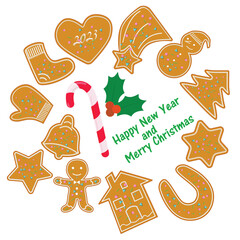 Collection of Christmas gingerbread. Curly gingerbread, candy cane and poinsettia leaf. 