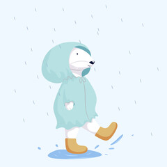 A white rabbit is playing outside in the rain, dressed in a raincoat. and in boots. Vector illustration with cartoon rabbit character. Isolated on blue background.