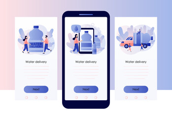 Fototapeta na wymiar Water delivery service. Big bottle with clean water, delivery truck. Supply, shipping. Screen template for mobile, smartphone app. Modern flat cartoon style. Vector illustration