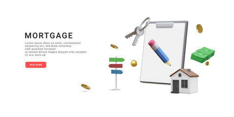 3d realistic concept buying home with mortgage and paying credit to bank. House Loan, Rent and Mortgage Concept. Invest money in real estate property in cartoon style. Vector illustration