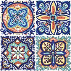 Colorful bright ornaments for square tiles. Seamless pattern with Vector hand drawn illustrations
