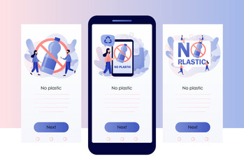 No plastic sign. Protest against plastic garbage. Reduce pollution. Environmental concept. Screen template for mobile, smartphone app. Modern flat cartoon style. Vector illustration
