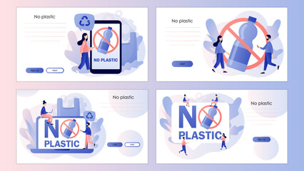 No plastic sign. Protest against plastic garbage. Reduce pollution. Environmental concept. Screen template for landing page, template, ui, web, mobile app, poster, banner, flyer. Vector illustration