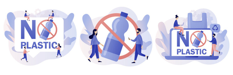 No plastic sign. Protest against plastic garbage. Reduce pollution. Environmental concept. Modern flat cartoon style. Vector illustration on white background