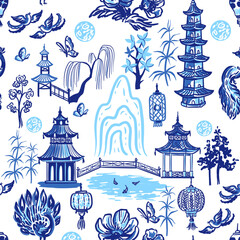 Chinese theme landscapes with pagodas, mountains, trees,birds, bridges. Seamless pattern with vector hand drawn illustrations in toile chinoiserie style
