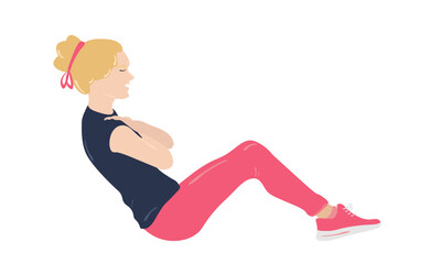 A woman does exercises for the press, a girl does sports or yoga in sports clothes. Useful active recreation, vector flat illustration on a white background.