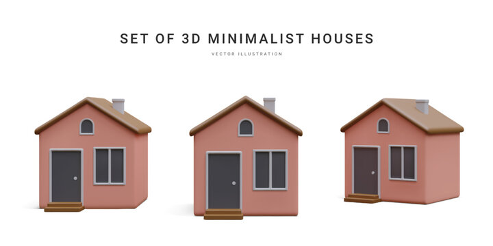 Set of 3d realistic homes isolated on light background. Real estate, mortgage, loan concept. House icons in cartoon minimal style. Vector illustration