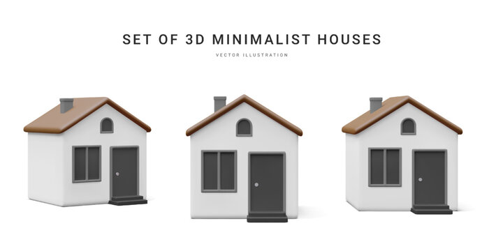 Set of 3d realistic homes isolated on light background. Real estate, mortgage, loan concept. House icons in cartoon minimal style. Vector illustration
