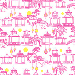 Chinese buildings- pagodas. Seamless pattern with hand drawn vector sketch illustrations with landscapes theme
