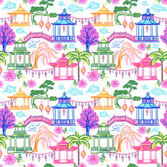 Pagodas and trees, Chinese landscapes. seamless pattern with hand drawn illustration with architect theme
