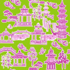 Trees, pagodas, birds. Seamless pattern with digital vector hand drawn illustrations with Chinese theme
