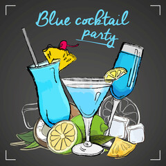 Blue cocktail party poster, party flyer. Vector sketch hand drawn illustration, fresh summer alcoholic drink.