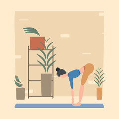 A woman practices yoga in the standing half forward bend pose or Ardha Uttanasana, against a background of indoor plants. Can be used for poster, banner.