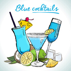 Blue cocktails, vector sketch hand drawn illustration, fresh summer alcoholic drink. Party poster, party flyer 	