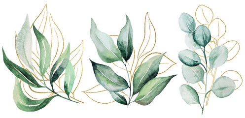 Green and Golden botanical watercolor leaves illustration, wedding design single element