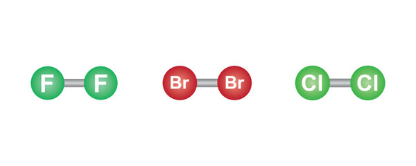 Fluorine, Bromine and Chlorine Molecular Model of Atom. Vector illustration. - obrazy, fototapety, plakaty