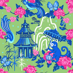 Monkey, birds, pagoda and blooming peonies. Seamless pattern with hand drawn vector illustrations with Chinese theme
