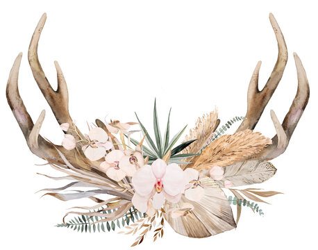  Watercolor deer antlers with with tropical leaves and flowers bouquet, Boho Wedding illustration
