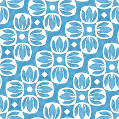 Seamless pattern with traditional blue tile ornament. Watercolor illustration