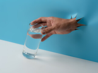 Male hand with glass of water breaks through blue paper background.