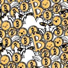 Bitcoin icons and symbols. Seamless pattern with hand drawn vector illustrations with cryptocurrency theme
