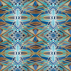 Blue and golden colors seamless pattern with geometrical hand drawn ornaments in art deco style
