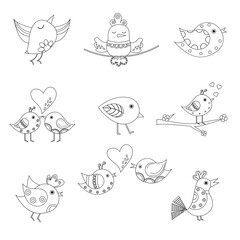 Set of different outline of cartoon birds. Vector