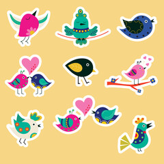 Set of different stickers of cartoon birds. Vector