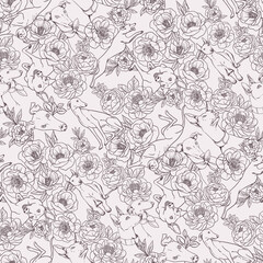 Many blooming flowers with greyhounds dogs. Seamless vector pattern with outline hand drawn illustrations with pet theme
