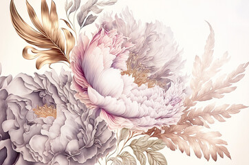 Fototapeta na wymiar Luxury peonies in pale pink and mauve with slight gold touches, copy space, space for text, banner, delicate winter pastel colors for your lavish floral greetings, illustration, generative ai