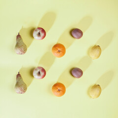 Fruit pattern. Composition of different fruit rows. Square picture with long light shadows on gentle pastel yellow bacground.