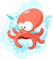 Funny octopus lets bubbles under water. Cartoon style.