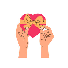Unpacking gift for Valentine's day, birthday or Christmas. Hands holding a red heart shaped gift box with ribbon and bow. Trendy flat vector illustration isolated on white background.