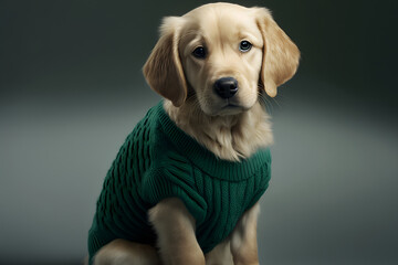 Cute little golden retriever in a green sweater, Generative AI