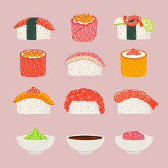 Set of different sushi with soy sauce, wasabi and ginger.