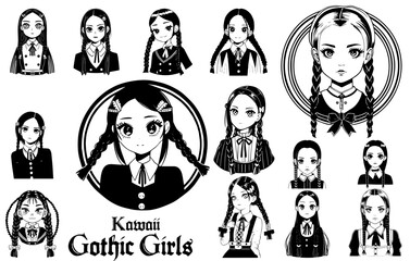 WDNSDY Goth girl with braids silhouette icon set - obrazy, fototapety, plakaty