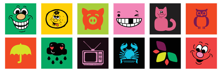 Hand drawn Abstract shapes, funny cute Comic characters. Big Set of Different colored Vector illustartions. Cartoon style. Flat design. All elements are isolated. Square Posters, logo Templates