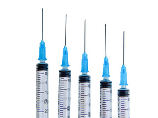 Five syringes on PNG transparent background.