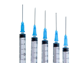 Five syringes on PNG transparent background.