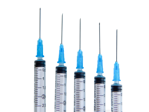 Five syringes on PNG transparent background.