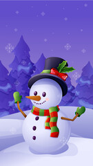 Cute snowman with top hat, scarf, emotional happy face winter evening scenery in cartoon style isolated on white background. Christmas character, winter decoration