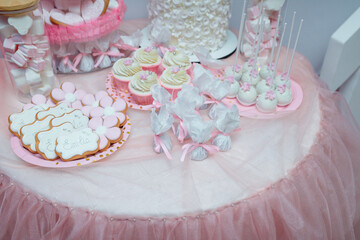 Baby girl first birthday candy bar with pink and white cookies, cake pops, marshmallows, gingerbreads - Powered by Adobe